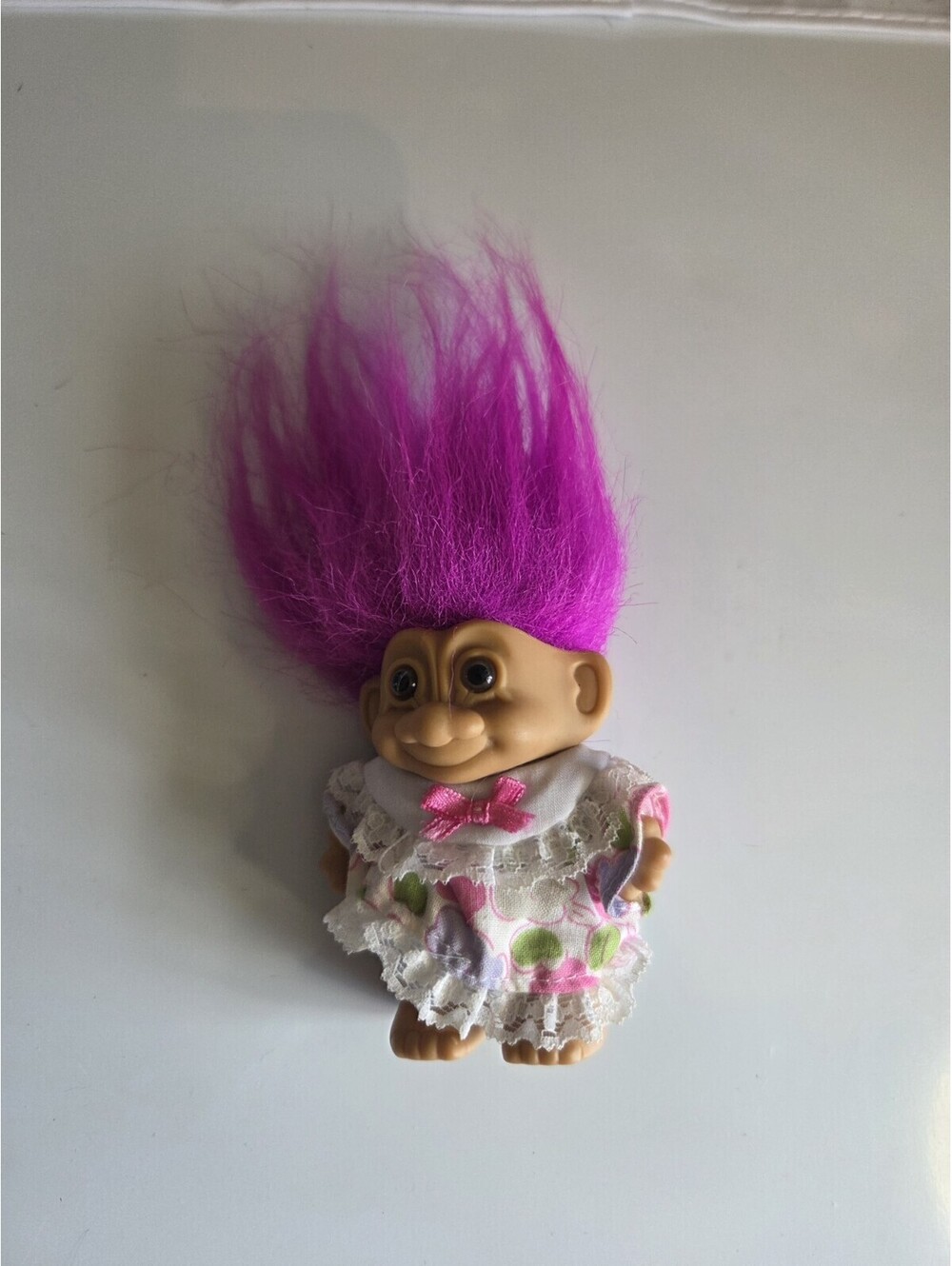 Vintage Russ Berrie Troll Doll W/Floral Dress & Pink Hair 4.5" SC3